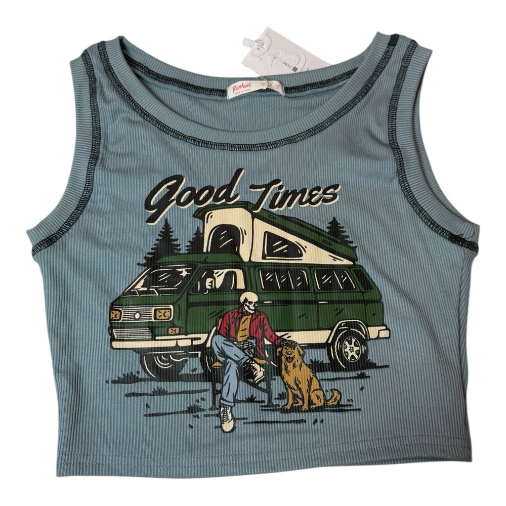 ROMWE Good Times Camper Van Graphic Ribbed Crop Tank Top Size Small NWT